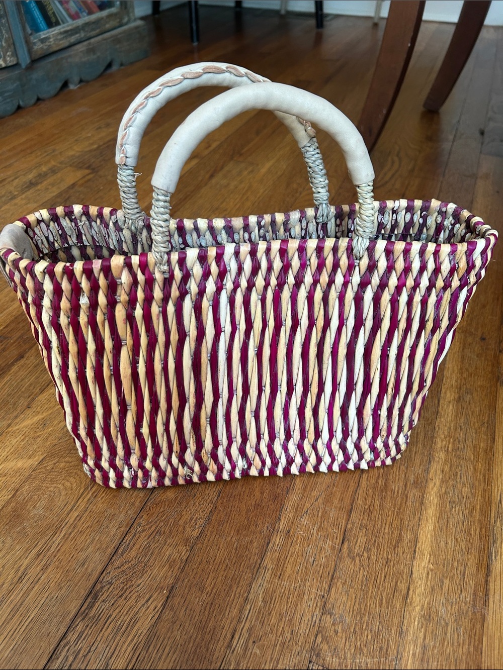 Hand Woven Straw Tote Bag in Cream and Burgundy